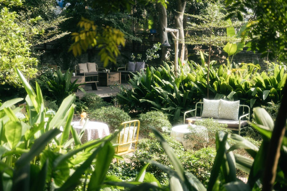 A lush, small front garden featuring a variety of greenery, including large-leaved plants, dense shrubs, and mature trees providing shade. There is a neatly trimmed lawn with a small paved seating are